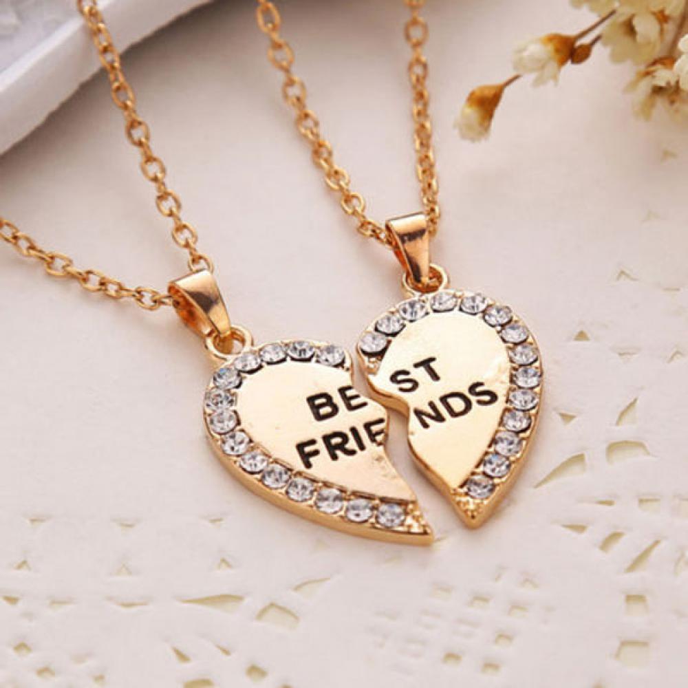 2PCS Fashion Rhinestone Jewelry Bff Necklace Friendship Heart Pendants Crytral