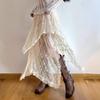 French Apricot Lace Midi Skirt with Irregular Hem and Elastic High Waist