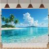 2D Banner Polyester Background Fabric Tropical Beach Scene Featuring Palm Trees Clear Blue Waters and Distant Islands
