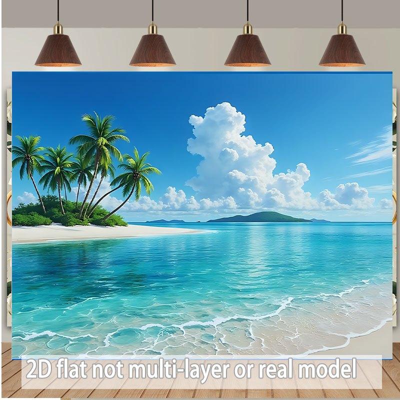 2D Banner Polyester Background Fabric Tropical Beach Scene Featuring Palm Trees Clear Blue Waters and Distant Islands