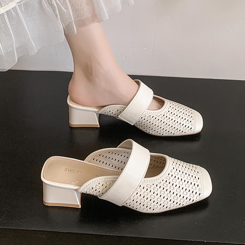Large Size 34-40 Women's Sheepskin Slip-on Flats Summer Mules Square Toe High Quality Soft Comfort Casual Female Sandals Shoes