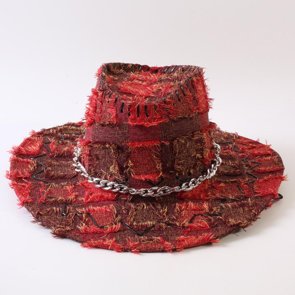 European and American Classic Retro Old Plaid Burr Jazz Hat Men's and Women's Outdoor Sunscreen Sunshade Big Eaves Western Cowboy Hat