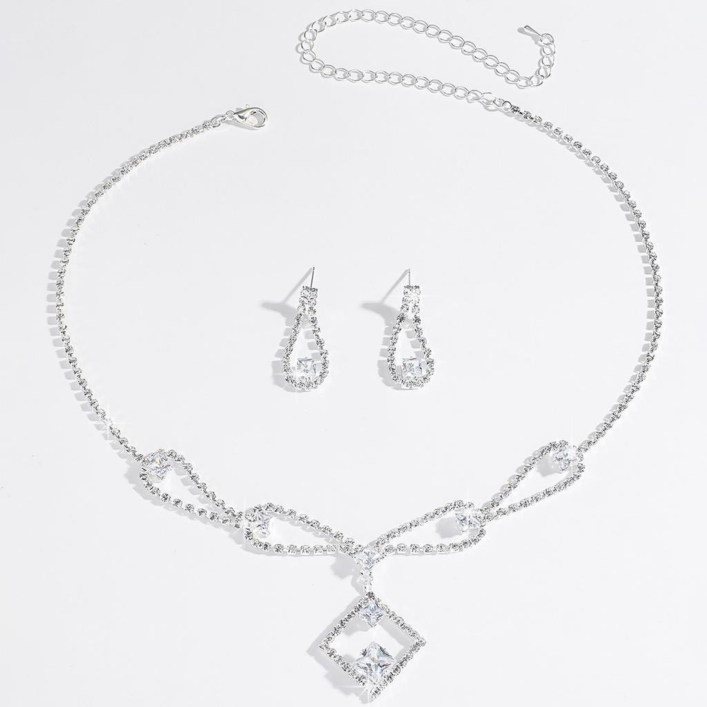 Fashion Light Luxury Super Shiny Zircon Square Necklace Earrings Wedding Set Bridal Dress Accessories