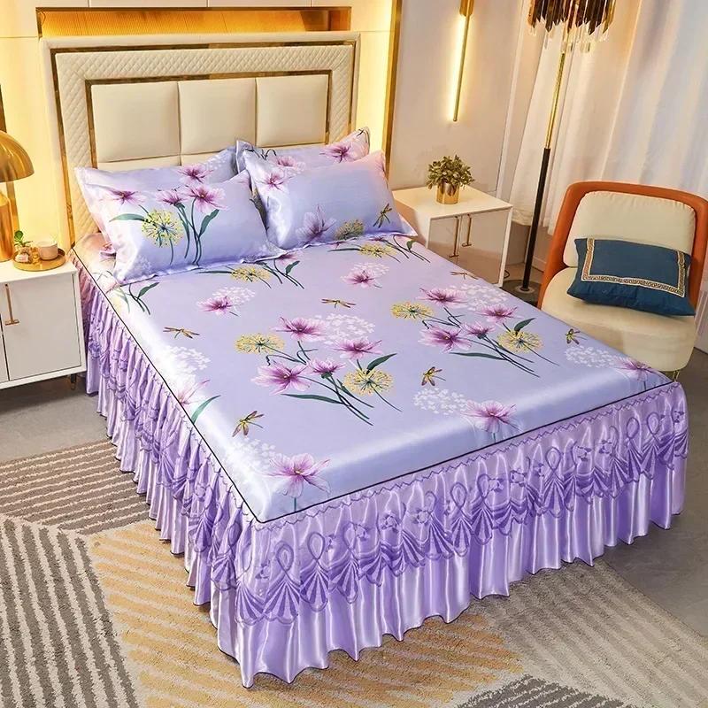Korean Version Lace Solid Color Bed Skirt Three Piece Set, Skin Friendly Double-layer Bed Cover Non Slip Bed Cover Falda De Cama