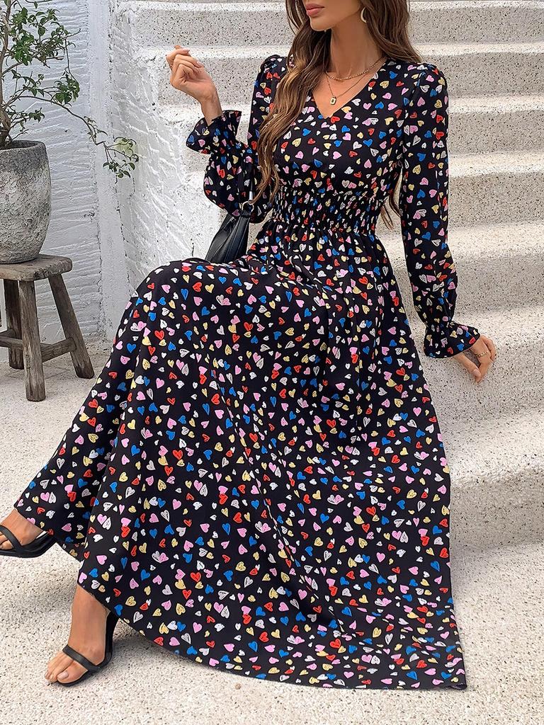 Autumn Sale Women's Printed V-Neck Long Sleeve Maxi Dress