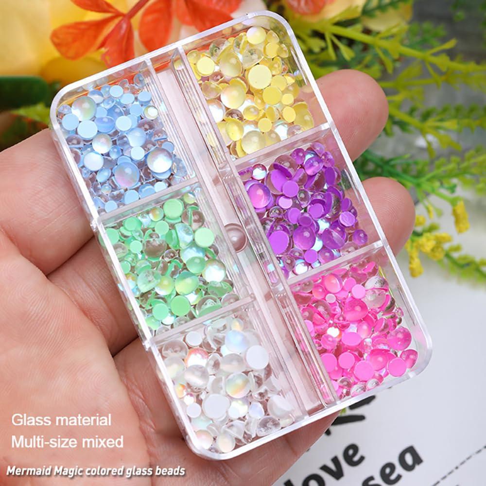 1Box Rainbow Mermaid Tears Nail Art Charms Macaron Bubble Beads Nail Art for Summer Aurora Half Spherical Glass Nail Decorations