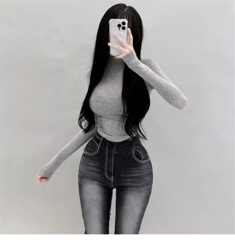 Elegant Slim Fit Sheer Long Sleeve High Neck Bodycon T-Shirt for Women - Korean Autumn/Winter Style