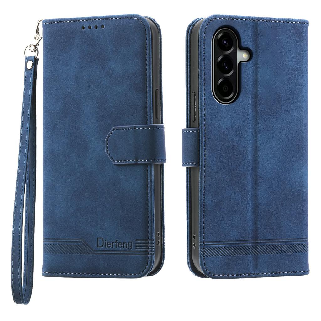 DIERFENG DF-03 For Samsung Galaxy A57 5G Case Lines Imprint Wallet Leather Phone Cover with Wrist Strap
