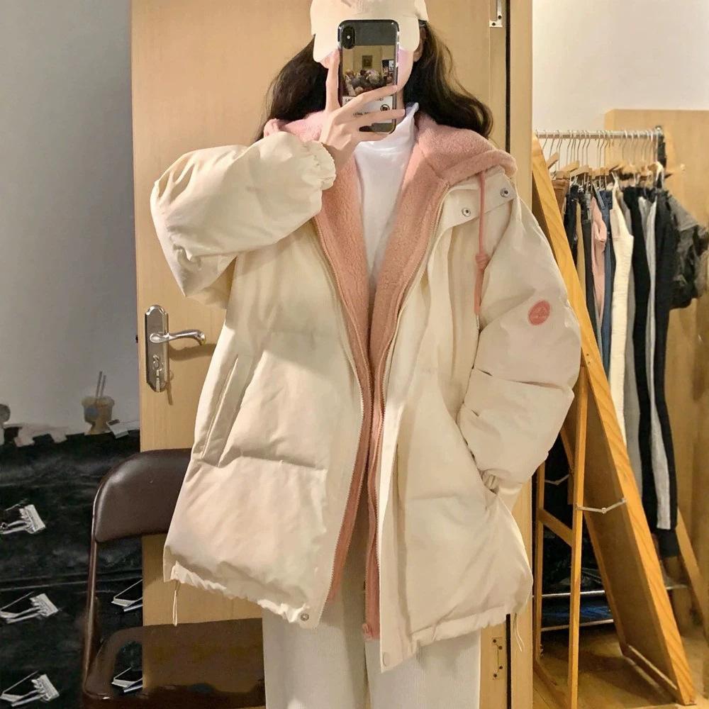 Fake two pieces of fluffy pink cotton clothes women's short hooded women's winter thickened cotton clothes lamb wool splicing jacket