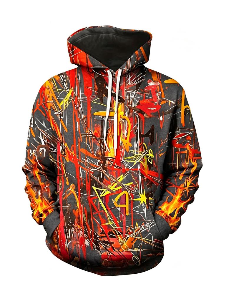 Men's Hoodie Thin Autumn Winter Trend Abstract Fire Graffiti Art Print Long Sleeve Male Casual Sweatshirt Tops Clothes