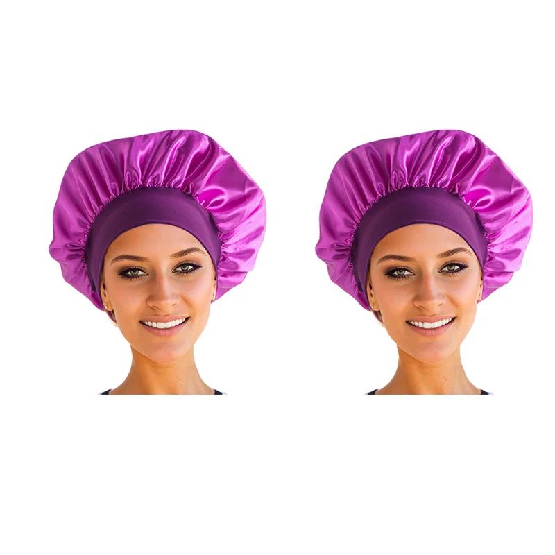 Women Night Sleep Hair Caps Silky Bonnet Satin Double Layer Adjust Head Cover Hat Shower Cap for Curly Hair Styling Accessories
