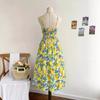 Fresh Lemon Print Suspender Skirt Retro Blue-green Embellishment, Waist-exposed Design Outlines Graceful Figure, Summer Eye-catching