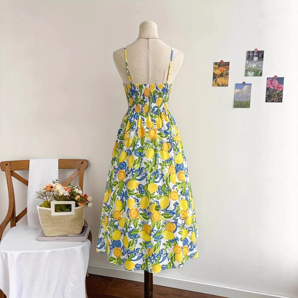 Fresh Lemon Print Suspender Skirt Retro Blue-green Embellishment, Waist-exposed Design Outlines Graceful Figure, Summer Eye-catching