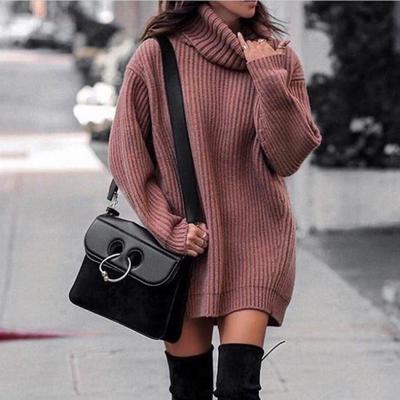 Ultra Loose Women Sweater Dress Winter Autumn Warm Turtleneck Sweater Solid Color Blouse Top