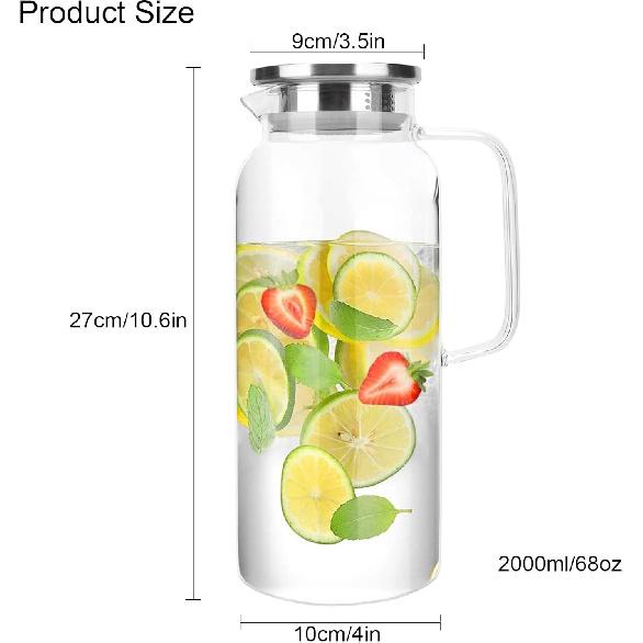 68 Oz Glass Pitcher, BOQO 2 Liter Glass Carafe for Fridge, Glass Water Jug for Hot/Cold Beverages,Iced Tea Pitcher, Large Clear Glass Water Pitcher