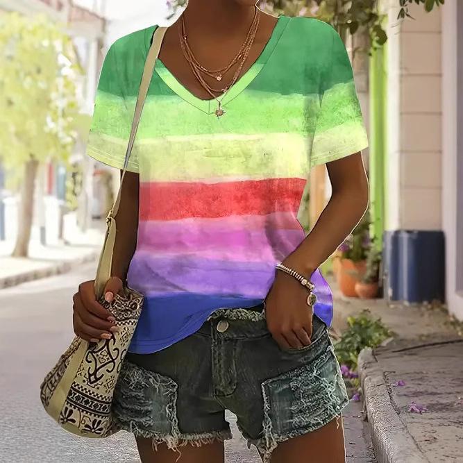 vintage women striped print t shirt short sleeve v neck tops comfortable t-shirts