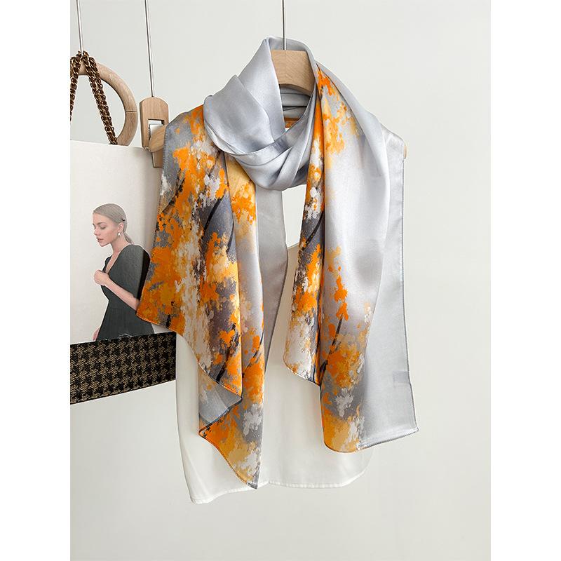 Autumn new mulberry silk silk scarf temperament deciduous printing high-end silk silk scarf versatile plain crepe satin silk scarf 172cm