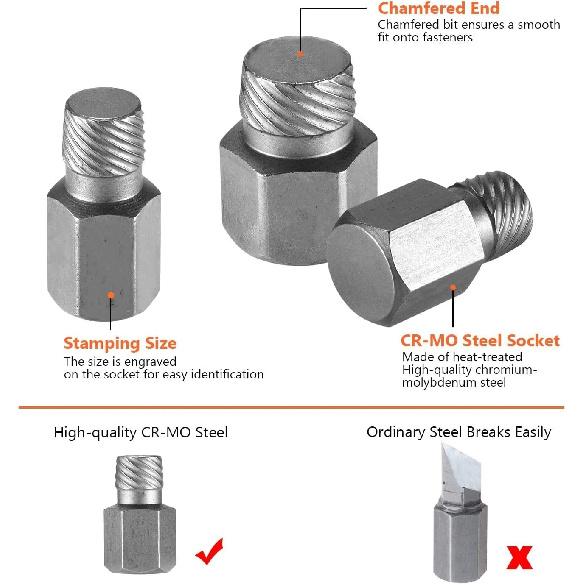 With Storage Case 10-Pack Hexagonal Head Bolt Remover, Multi-Spline Screw Extractor Set Chrome Moly Alloy Steel