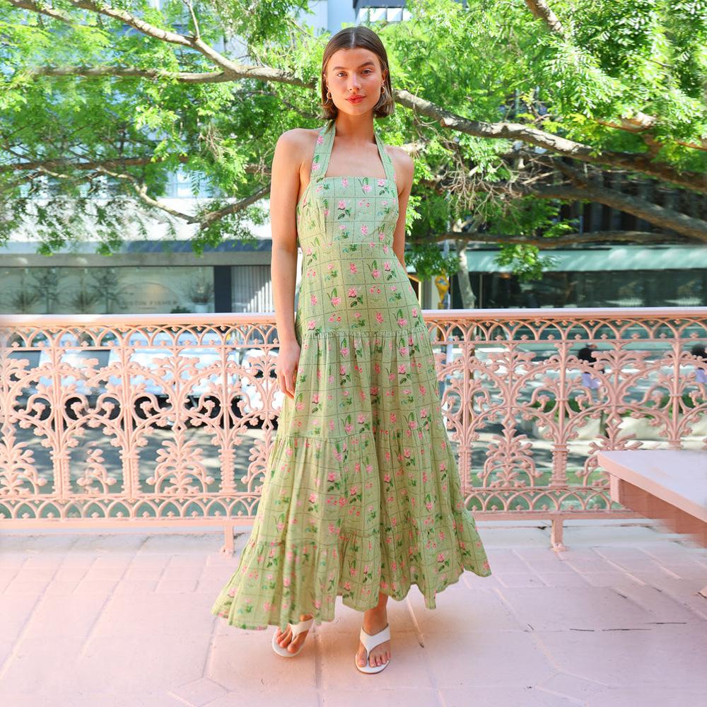 

Wind sweet temperament printed sleeveless neck dress female sexy big halter A word long dress S