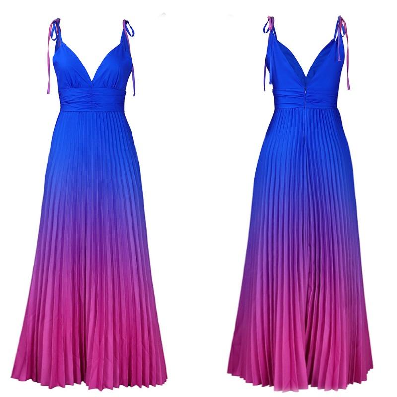 Plus Size Women V Neck Sexy High Waist Gradient Pleated Long Evening Dress