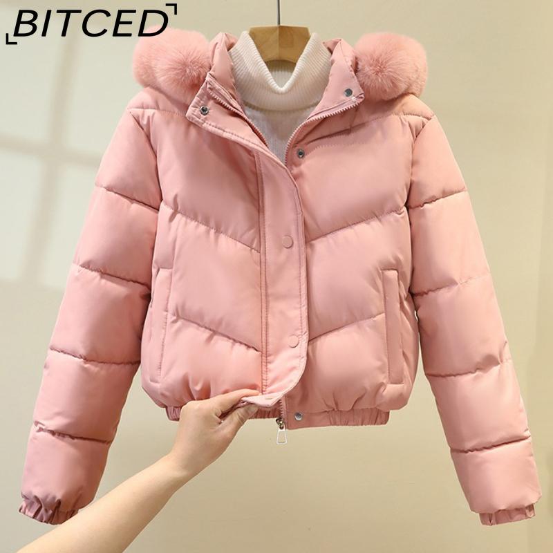 BITCED Plus Size Short Cotton Jacket for Women Winter Puffer Coat with Oversized Fur Collar Versatile Outerwear