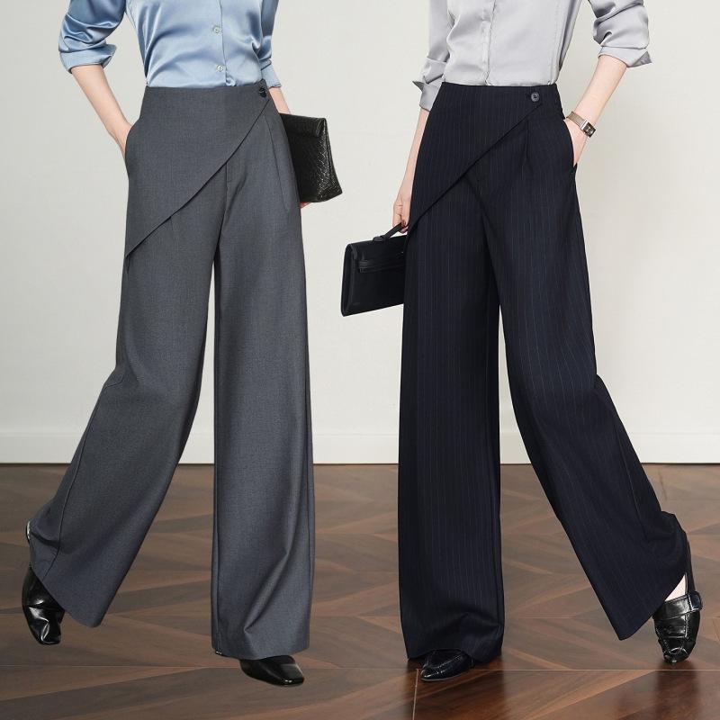 2026 Spring Women's Grey Wide-Leg High-Waisted Drapey Suit Pants, Floor-Length