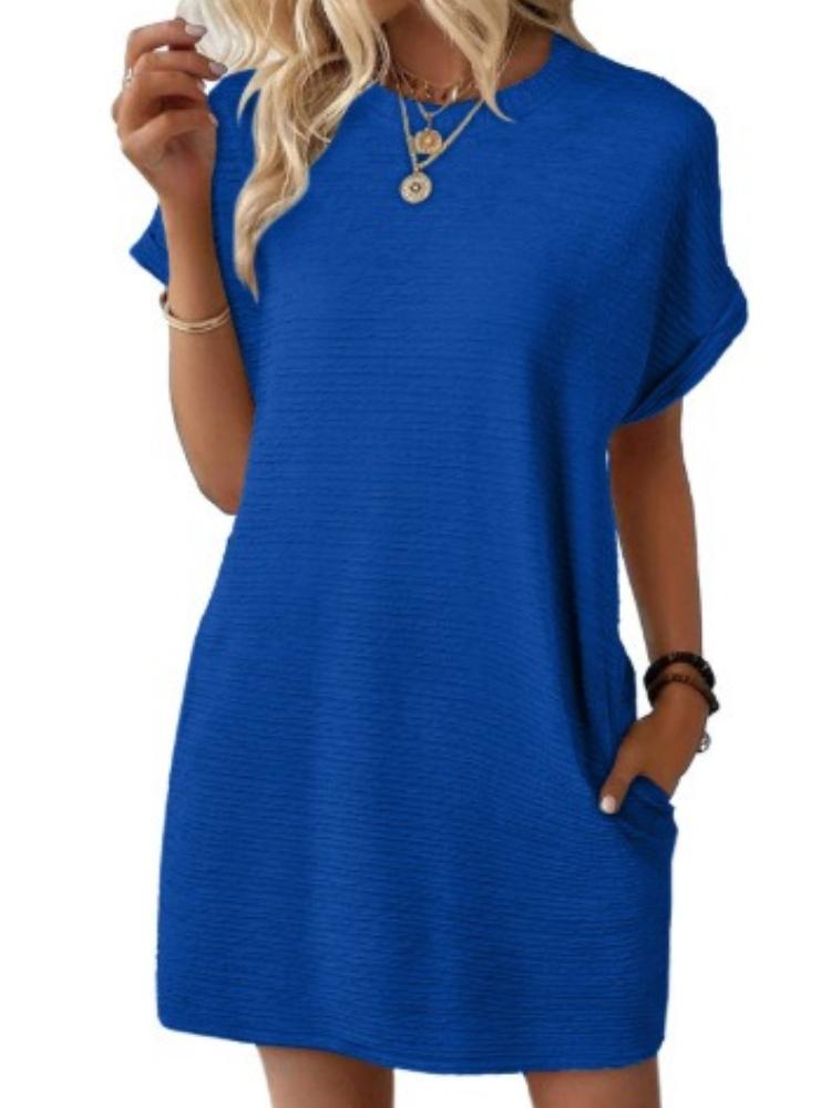 

Women s Casual O-Neck Short Sleeve Solid Color Shift Dress with Pockets 5XL королівський синій колір
