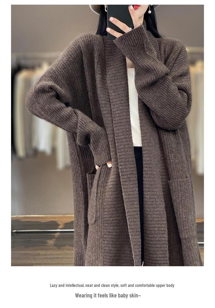 2025 Autumn/Winter Women's Solid Color Mid-Length Cardigan Sweater - Loose Knitwear, Fashionable Lazy Style