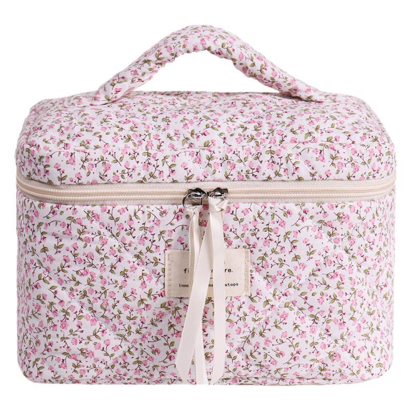 High-Capacity Quilted Floral Cosmetic Bag – Portable Handbag