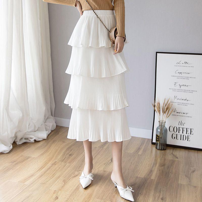 Solid Color High Waist Pleated Cake Skirt Pure Color High Waist Pleated Tiered Skirt