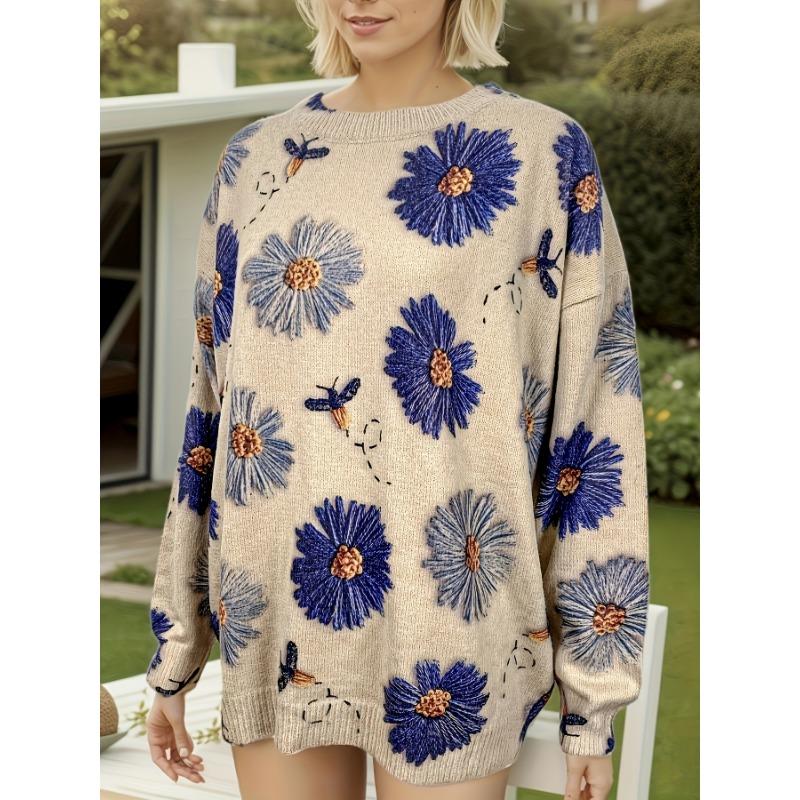 Three-Dimensional Floral Sweater for Women, Trendy Winter Outfit, Versatile Round-Neck Knitted Top.