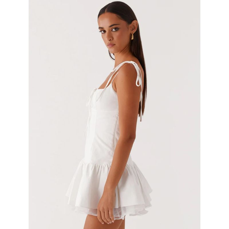 Moonlight Waltz French Style Sweet and Spicy Ballet Girl Slim White Dress Mesh Patchwork Pure Desire Lace-up Sling Dress