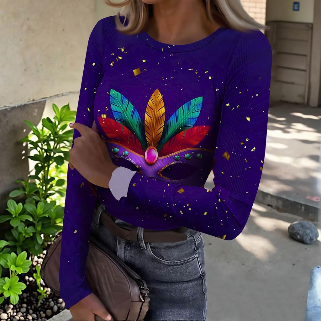 Women's  Slim Bottom T-shirt Fashion Casual Gradient Printing Round Neck Pullover Long Sleeve Top