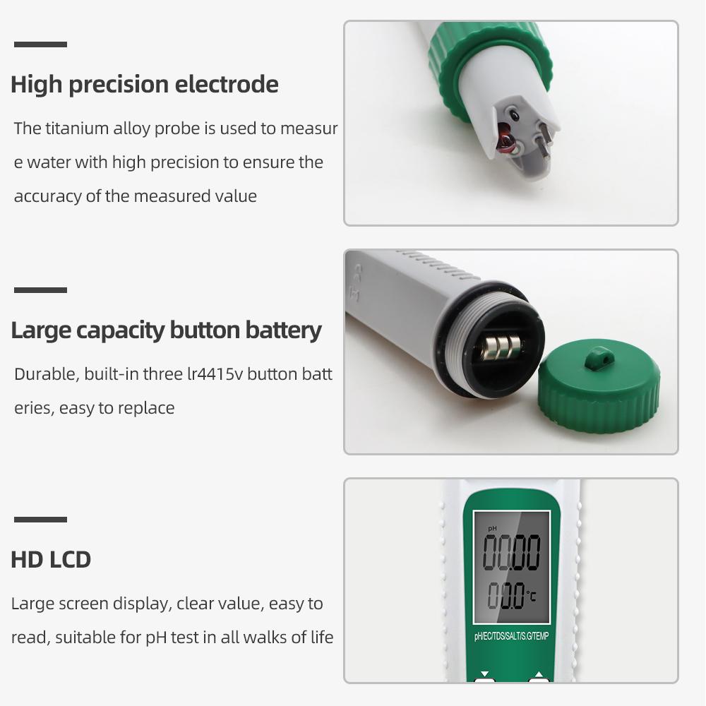 High Precision Water Quality Tester PH EC TDS SALT S.G Temperature 6 In 1 Detector PH Meter Temp Testing for Pool Aquarium