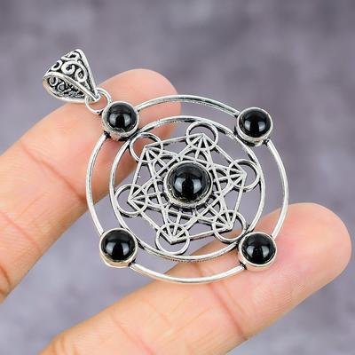 Natural Black Onyx Gemstone Handmade 925 Sterling Silver Pendant 2.17" k9V26