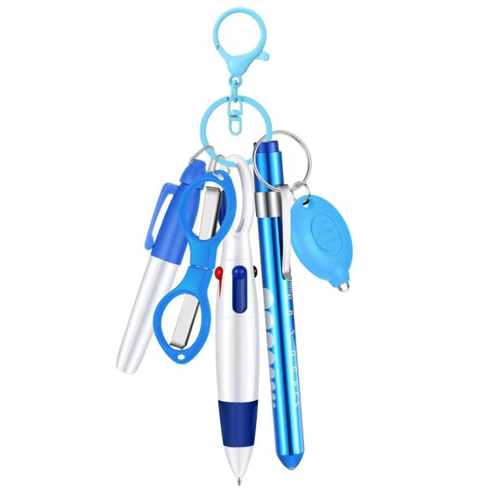 6-in-1 Multifunction Retractable Ball Pen Set Flashlight Foldable Scissors Ballpoint Pen Keychain Nurse Pens