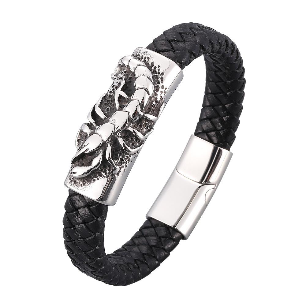 Classic Black Leather Scorpion Bracelet with Stainless Steel Magnetic Buckle