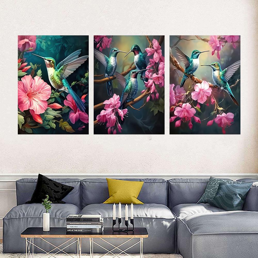 Modern Glam Rahmenlos Kolibri Vogel Tierdruck Wandbehang Dekoration Rosa Blumen für Wohnzimmer, Wanddekor, Ohne Rahmen