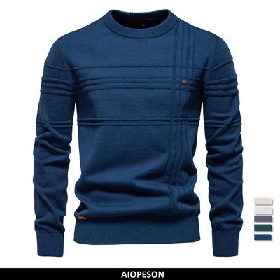 AIOPESON Pull ras du cou pour homme en tricot de coton rayé de qualité automne hiver pulls chauds pour hommes