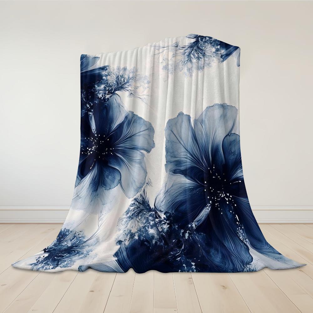 Indigo Floral Art Flannel Blanket Warm Soft Halloween Christmas Couch Warm Cozy Decorative Decor Gift for All Season