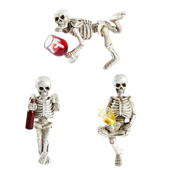 Scary Skeleton Ornament Halloween Gothic Resin Figurine, Holding Glass Bottle Decorative Skull Figure Statue, Desktop Decoration for Home Office
