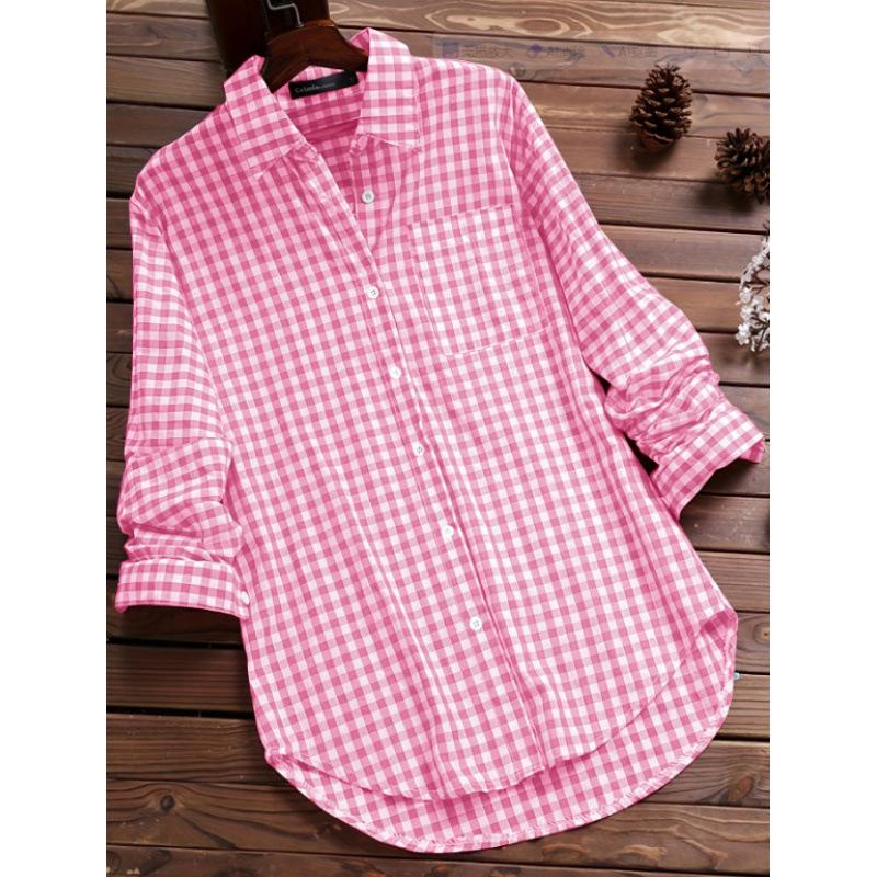 Spring and Autumn Women's Loose Plaid Lapel Long-sleeved Retro Pocket Shirt
