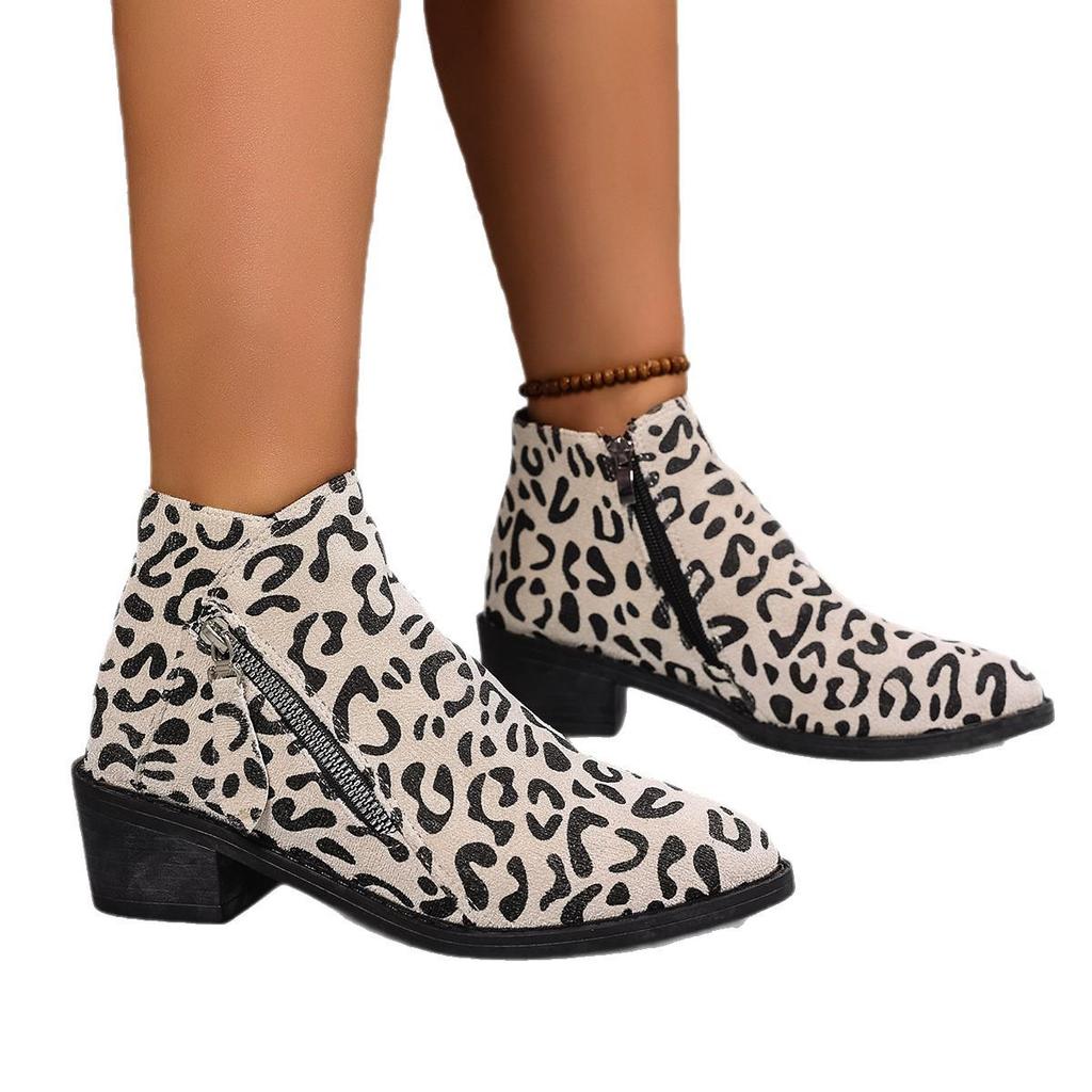 Autumn 2025 Chunky Heel Leopard Print Short Boots: Women's Plus Size Pointed Toe, British Style, Medium Heel Fashion
