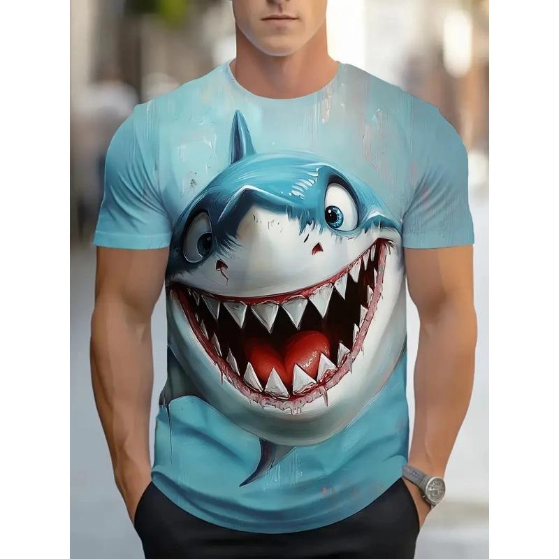 Men's Shark with Sunglasses Print Short Sleeve T Shirt Blue Ocean Background Cool Casual Streetwear Tee