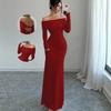 2026 Autumn and Winter Women's Clothing Cross Backless Sexy One-word Shoulder Long-sleeved Dress Elegant Evening Dress Women