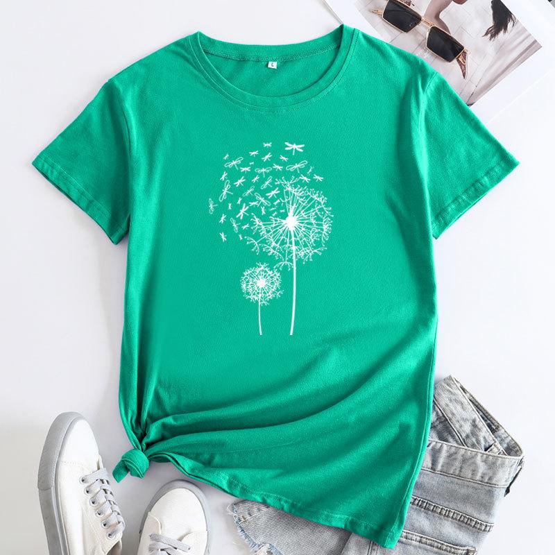 Summer Round Neck Dandelion Dragonfly Pattern Printed Top Fashionable Casual Short Sleeved Women's Pure Cotton T-shirts