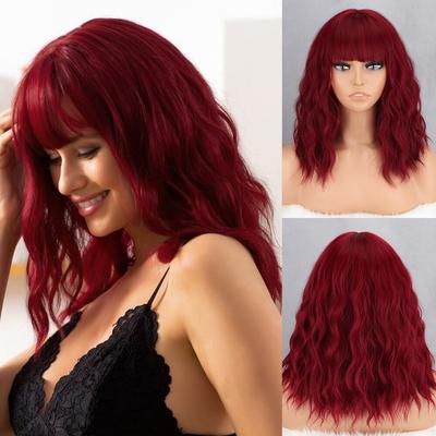 Perruque courte ondulée couleur vin rouge pour femmes, avec frange, en Fiber synthétique, longueur d'épaule, perruque ondulée rouge, usage quotidien pour Cosplay