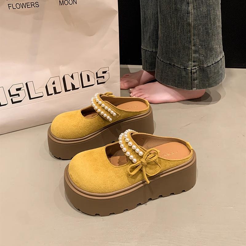

Милый бант жемчуг толстая подошва увеличение высоты Мэри Джейн тапочки женские летние новые нескользящие маффин сумка голова шлепанцы 40 жёлтый
