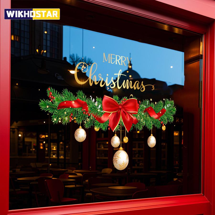 1 PC Christmas Window Sticker, Christmas Sticker Decorative Door Sticker, Special for Christmas Party, Including Bow, Light Ball