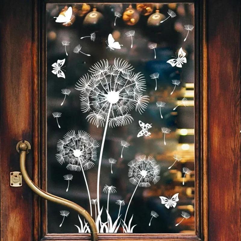 Double Sided Christmas Home Decor Wallpaper White Dandelion Butterfly Electrostatic Wall Sticker Glass Window Pattern Decals